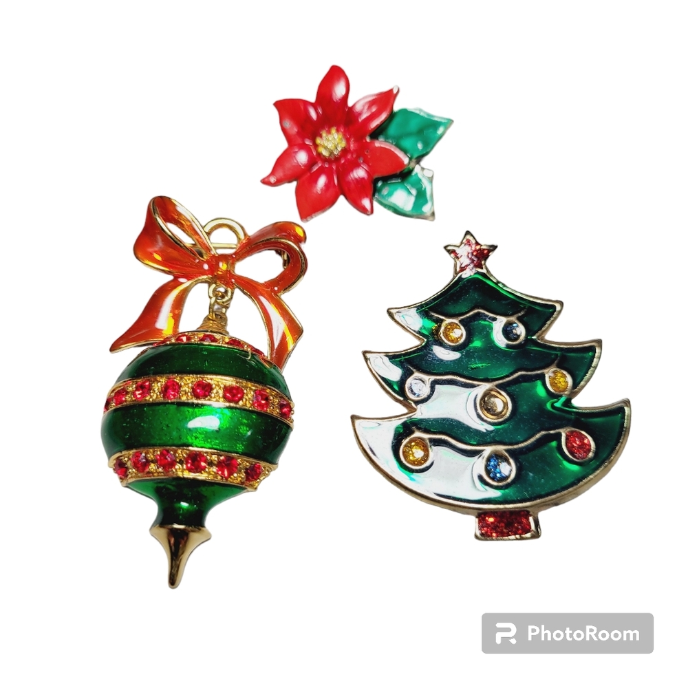 * Christmas jewelry pins orniment Christmas tree & poinsettia set 3 holiday